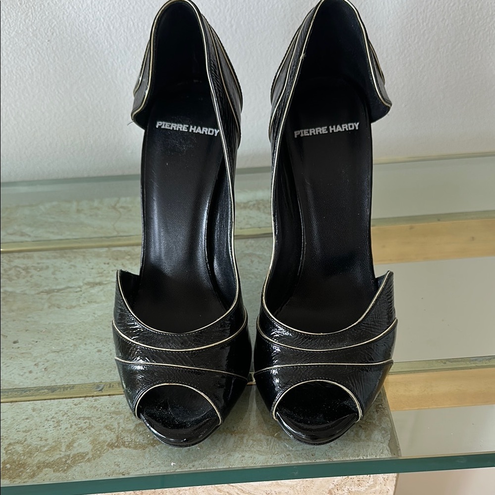 PIERRE HARDY Elegant Black Peep-Toe Heels with gold trim
